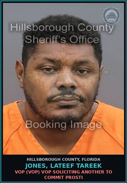 CCW arrest card for JONES, LATEEF TAREEK in Hillsborough County: VOP (VOP) VOP SOLICITING ANOTHER TO COMMIT Prosti