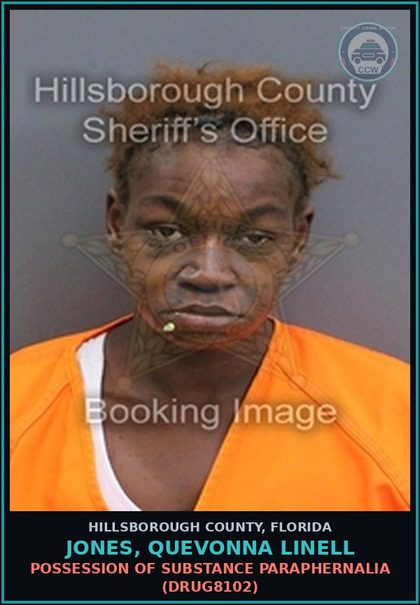 CCW arrest card for JONES, QUEVONNA LINELL in Hillsborough County: POSSESSION OF DRUG PARAPHERNALIA (DRUG8102)