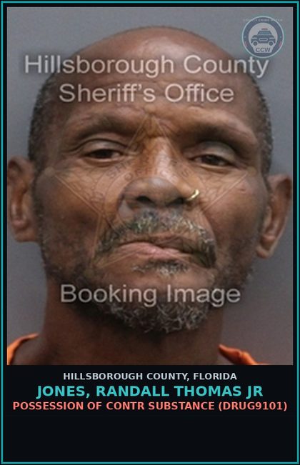 CCW arrest card for JONES, RANDALL THOMAS JR in Hillsborough County: POSSESSION OF contr substance (DRUG9101)