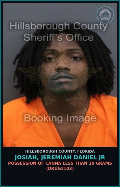 CCW arrest card for JOSIAH, JEREMIAH DANIEL JR in Hillsborough County: POSSESSION OF Canna LESS THAN 20 GRAMS (DRUG2103)