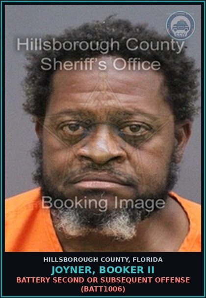 CCW arrest card for JOYNER, BOOKER II in Hillsborough County: BATTERY SECOND OR SUBSEQUENT OFFENSE (BATT1006)