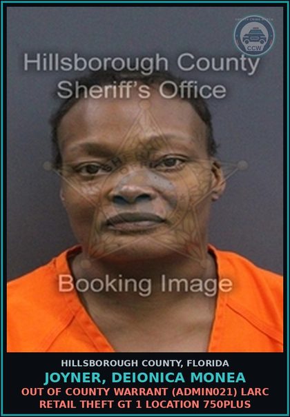 CCW arrest card for JOYNER, DEIONICA MONEA in Hillsborough County: RESISTING OFFICER WITHOUT VIOLENCE (COPS1001)