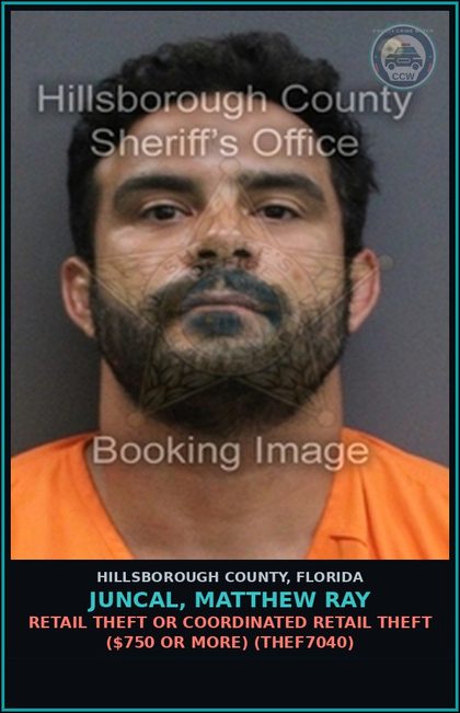 CCW arrest card for JUNCAL, MATTHEW RAY in Hillsborough County: RETAIL THEFT OR COORDINATED RETAIL THEFT ($750 OR MORE) (THEF7040)