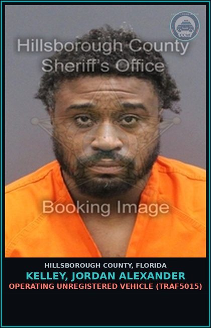 CCW arrest card for KELLEY, JORDAN ALEXANDER in Hillsborough County: OPERATING UNREGISTERED VEHICLE (TRAF5015)
