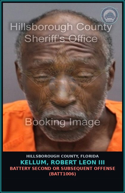 CCW arrest card for KELLUM, ROBERT LEON III in Hillsborough County: BATTERY SECOND OR SUBSEQUENT OFFENSE (BATT1006)
