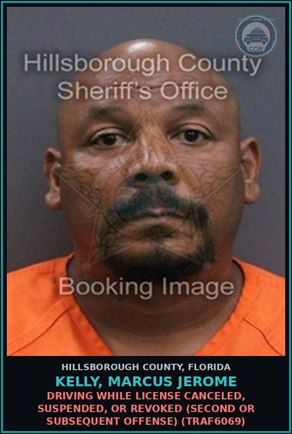 CCW arrest card for KELLY, MARCUS JEROME in Hillsborough County: DRIVING WHILE LICENSE CANCELED, SUSPENDED, OR REVOKED (SECOND OR SUBSEQUENT OFFENSE) (TRAF6069)