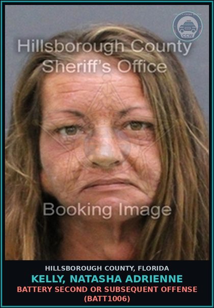 CCW arrest card for KELLY, NATASHA ADRIENNE in Hillsborough County: BATTERY SECOND OR SUBSEQUENT OFFENSE (BATT1006)