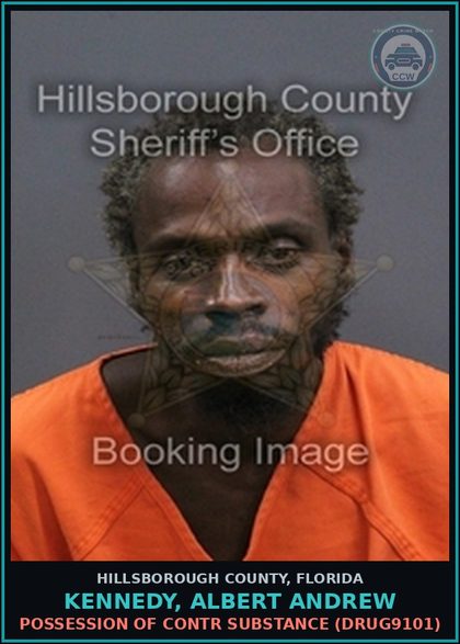 CCW arrest card for KENNEDY, ALBERT ANDREW in Hillsborough County: POSSESSION OF contr substance (DRUG9101)