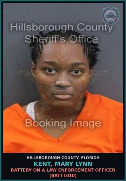 CCW arrest card for KENT, MARY LYNN in Hillsborough County: BATTERY ON A LAW ENFORCEMENT OFFICER (BATT1010)