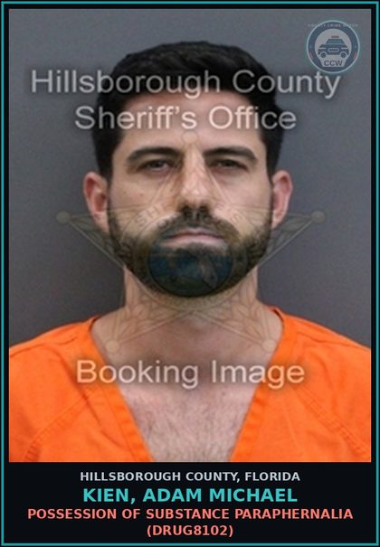 CCW arrest card for KIEN, ADAM MICHAEL in Hillsborough County: POSSESSION OF DRUG PARAPHERNALIA (DRUG8102)