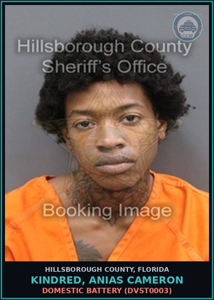 CCW arrest card for KINDRED, ANIAS CAMERON in Hillsborough County: DOMESTIC BATTERY (DVST0003)