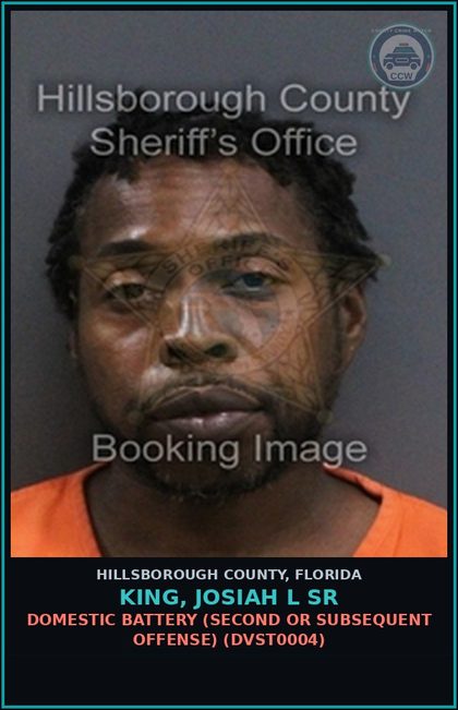 CCW arrest card for KING, JOSIAH L SR in Hillsborough County: DOMESTIC BATTERY (SECOND OR SUBSEQUENT OFFENSE) (DVST0004)