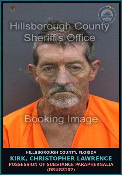 CCW arrest card for KIRK, CHRISTOPHER LAWRENCE in Hillsborough County: POSSESSION OF DRUG PARAPHERNALIA (DRUG8102)