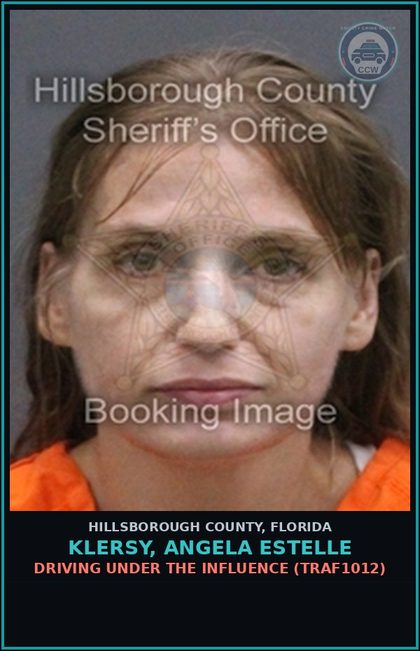 CCW arrest card for KLERSY, ANGELA ESTELLE in Hillsborough County: DRIVING UNDER THE INFLUENCE (TRAF1012)