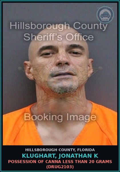 CCW arrest card for KLUGHART, JONATHAN K in Hillsborough County: POSSESSION OF Canna LESS THAN 20 GRAMS (DRUG2103)