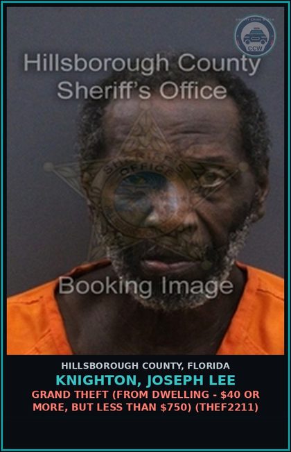 CCW arrest card for KNIGHTON, JOSEPH LEE in Hillsborough County: GRAND THEFT (FROM DWELLING - $40 OR MORE, BUT LESS THAN $750) (THEF2211)