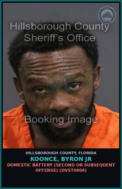 CCW arrest card for KOONCE, BYRON JR in Hillsborough County: DOMESTIC BATTERY (SECOND OR SUBSEQUENT OFFENSE) (DVST0004)