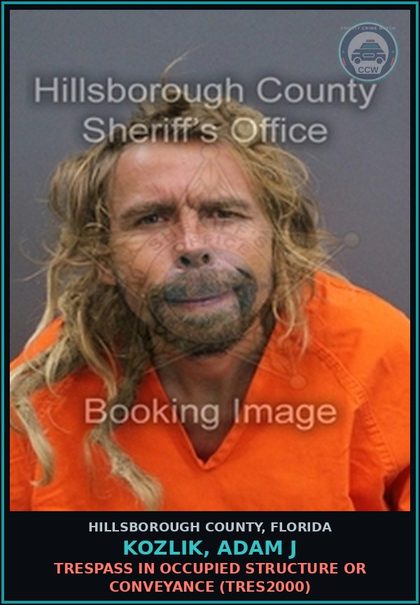 CCW arrest card for KOZLIK, ADAM J in Hillsborough County: TRESPASS IN OCCUPIED STRUCTURE OR CONVEYANCE (TRES2000)
