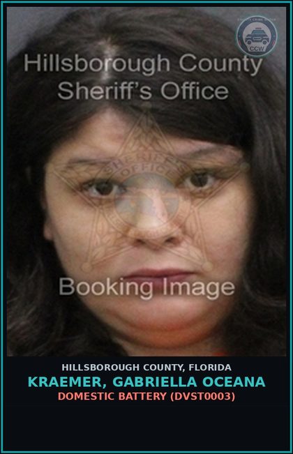 CCW arrest card for KRAEMER, GABRIELLA OCEANA in Hillsborough County: DOMESTIC BATTERY (DVST0003)