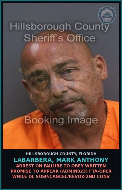 CCW arrest card for LABARBERA, MARK ANTHONY in Hillsborough County: ARREST ON FAILURE TO OBEY WRITTEN PROMISE TO APPEAR (ADMIN023) FTA-OPER WHILE DL SUSP/CANCEL/REVOK-2ND CONV