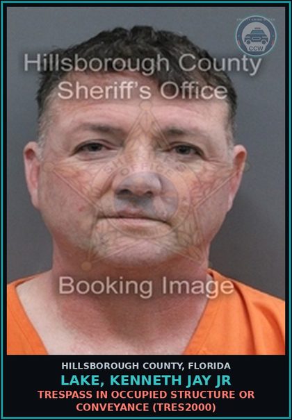 CCW arrest card for LAKE, KENNETH JAY JR in Hillsborough County: TRESPASS IN OCCUPIED STRUCTURE OR CONVEYANCE (TRES2000)