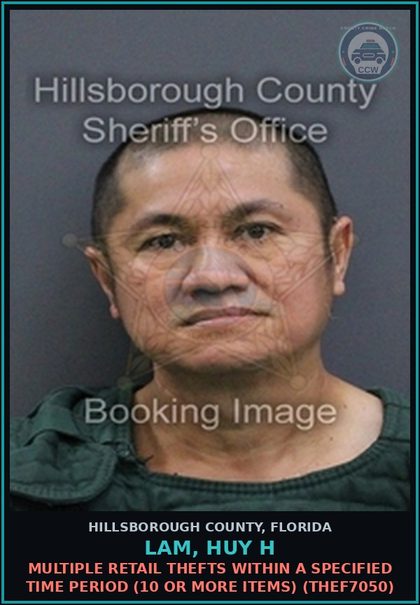 CCW arrest card for LAM, HUY H in Hillsborough County: MULTIPLE RETAIL THEFTS WITHIN A SPECIFIED TIME PERIOD (10 OR MORE ITEMS) (THEF7050)