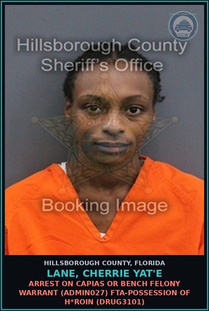 CCW arrest card for LANE, CHERRIE YAT'E in Hillsborough County: ARREST ON CAPIAS OR BENCH FELONY WARRANT (ADMIN027) FTA-POSSESSION OF HEROIN (DRUG3101)