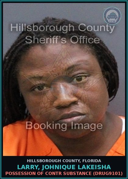CCW arrest card for LARRY, JOHNIQUE LAKEISHA in Hillsborough County: POSSESSION OF contr substance (DRUG9101)