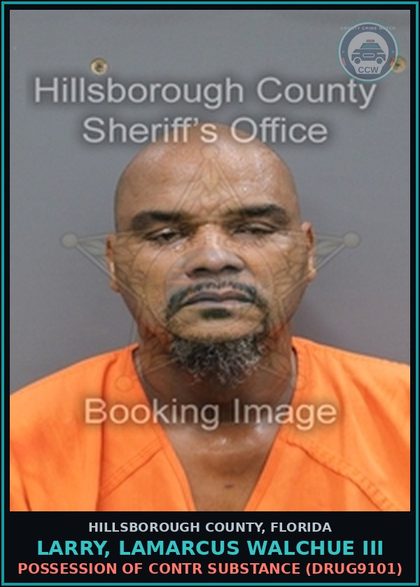 CCW arrest card for LARRY, LAMARCUS WALCHUE III in Hillsborough County: POSSESSION OF contr substance (DRUG9101)