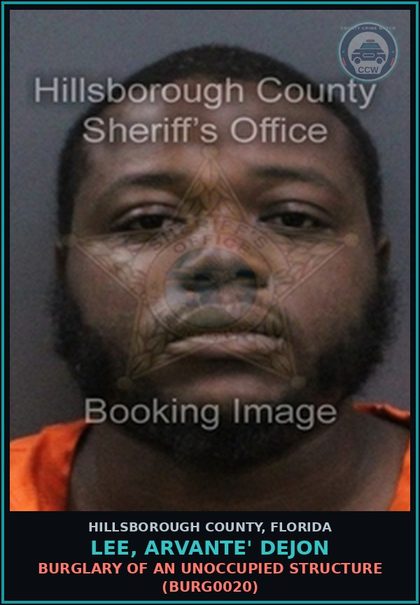 CCW arrest card for LEE, ARVANTE' DEJON in Hillsborough County: BURGLARY OF AN UNOCCUPIED STRUCTURE (BURG0020)