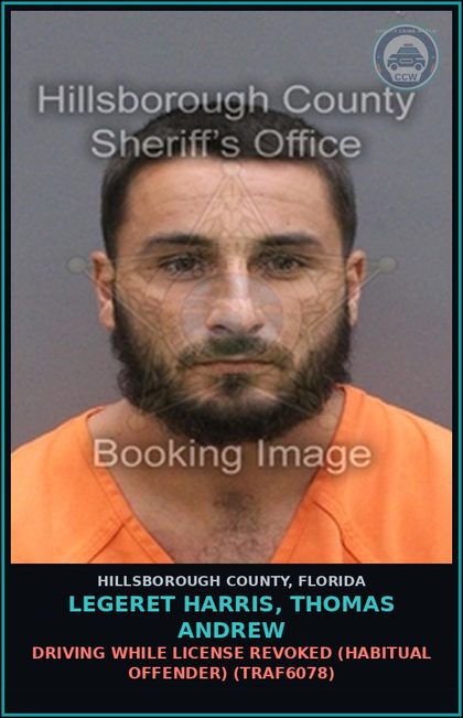 CCW arrest card for LEGERET HARRIS, THOMAS ANDREW in Hillsborough County: DRIVING WHILE LICENSE REVOKED (HABITUAL OFFENDER) (TRAF6078)