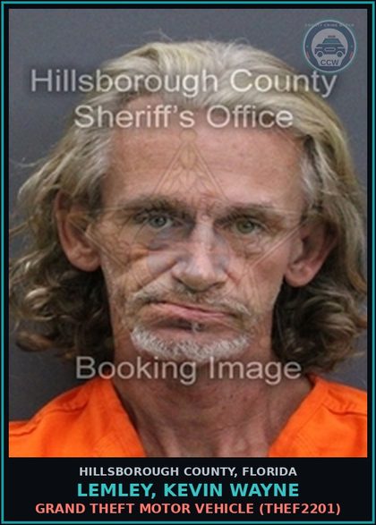CCW arrest card for LEMLEY, KEVIN WAYNE in Hillsborough County: GRAND THEFT MOTOR VEHICLE (THEF2201)