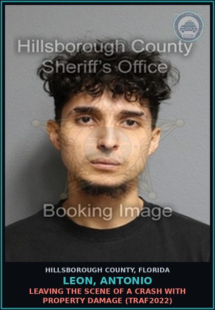 CCW arrest card for LEON, ANTONIO in Hillsborough County: LEAVING THE SCENE OF A CRASH WITH PROPERTY DAMAGE (TRAF2022)