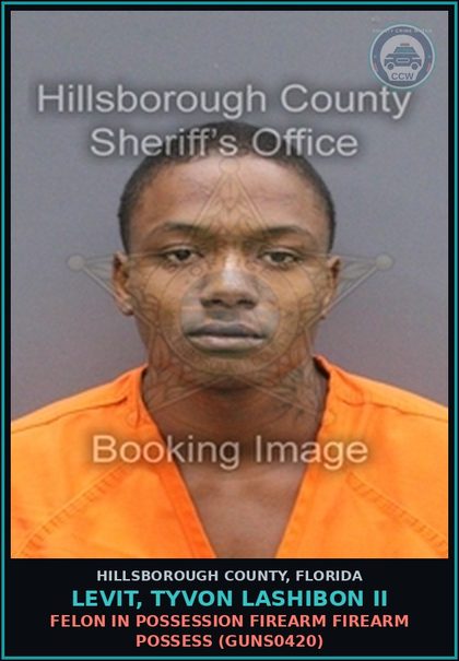CCW arrest card for LEVIT, TYVON LASHIBON II in Hillsborough County: FELON IN POSSESSION FIREARM FIREARM POSSESS (GUNS0420)