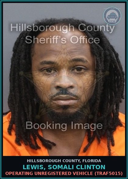 CCW arrest card for LEWIS, SOMALI CLINTON in Hillsborough County: OPERATING UNREGISTERED VEHICLE (TRAF5015)