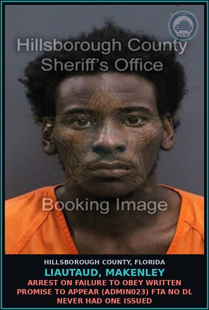 CCW arrest card for LIAUTAUD, MAKENLEY in Hillsborough County: ARREST ON FAILURE TO OBEY WRITTEN PROMISE TO APPEAR (ADMIN023) FTA NO DL NEVER HAD ONE ISSUED