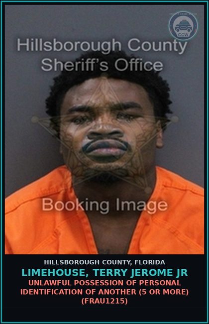 CCW arrest card for LIMEHOUSE, TERRY JEROME JR in Hillsborough County: UNLAWFUL POSSESSION OF PERSONAL IDENTIFICATION OF ANOTHER (5 OR MORE) (FRAU1215)