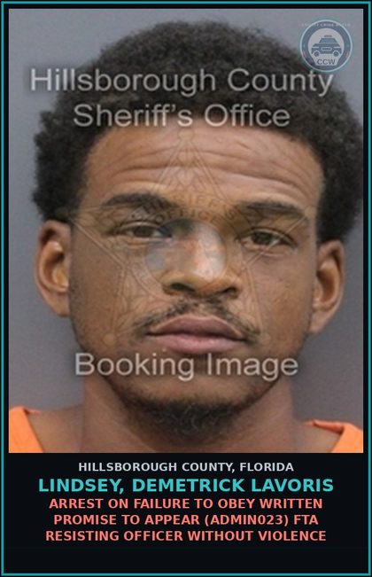 CCW arrest card for LINDSEY, DEMETRICK LAVORIS in Hillsborough County: ARREST ON FAILURE TO OBEY WRITTEN PROMISE TO APPEAR (ADMIN023) FTA FALSE NAME TO LAW ENFORCEMENT OFFICER