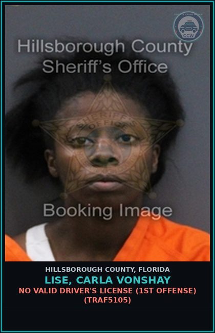 CCW arrest card for LISE, CARLA VONSHAY in Hillsborough County: NO VALID DRIVER'S LICENSE (1ST OFFENSE) (TRAF5105)