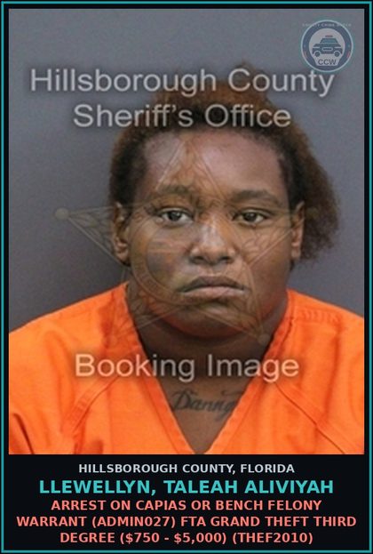 CCW arrest card for LLEWELLYN, TALEAH ALIVIYAH in Hillsborough County: ARREST ON CAPIAS OR BENCH FELONY WARRANT (ADMIN027) FTA GRAND THEFT THIRD DEGREE ($750 - $5,000) (THEF2010)