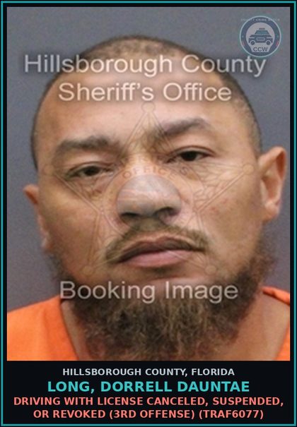 CCW arrest card for LONG, DORRELL DAUNTAE in Hillsborough County: DRIVING WITH LICENSE CANCELED, SUSPENDED, OR REVOKED (3RD OFFENSE) (TRAF6077)