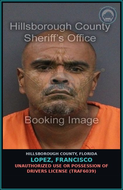 CCW arrest card for LOPEZ, FRANCISCO in Hillsborough County: UNAUTHORIZED USE OR POSSESSION OF DRIVERS LICENSE (TRAF6039)