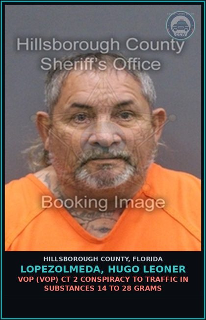CCW arrest card for LOPEZOLMEDA, HUGO LEONER in Hillsborough County: VOP (VOP) CT 2 CONSPIRACY TO TRAFFIC IN DRUGS 14 TO 28 GRAMS