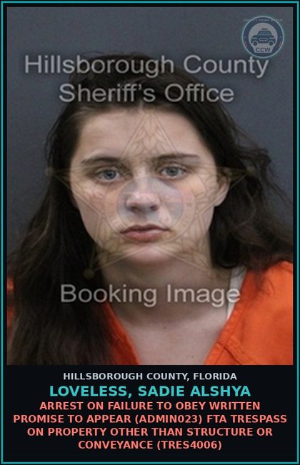 CCW arrest card for LOVELESS, SADIE ALSHYA in Hillsborough County: ARREST ON FAILURE TO OBEY WRITTEN PROMISE TO APPEAR (ADMIN023) FTA TRESPASS ON PROPERTY OTHER THAN STRUCTURE OR CONVEYANCE (TRES4006)