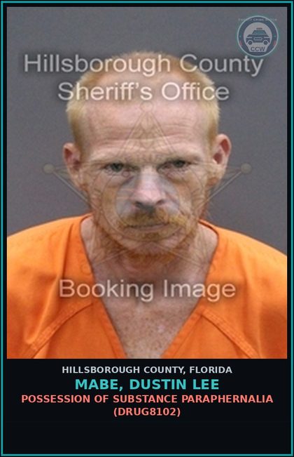CCW arrest card for MABE, DUSTIN LEE in Hillsborough County: DELIVERY OF A contr substance WITHIN 1000 FEET OF A CONVENIENCE STORE (SCHEDULE II) (DRUG1791)