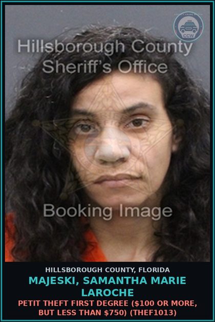 CCW arrest card for MAJESKI, SAMANTHA MARIE LAROCHE in Hillsborough County: PETIT THEFT FIRST DEGREE ($100 OR MORE, BUT LESS THAN $750) (THEF1013)