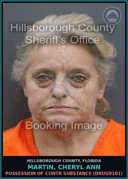 CCW arrest card for MARTIN, CHERYL ANN in Hillsborough County: POSSESSION OF contr substance (DRUG9101)