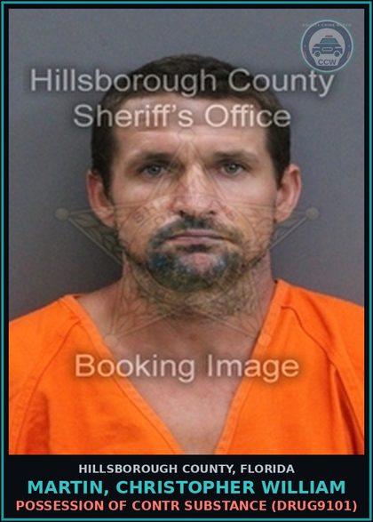 CCW arrest card for MARTIN, CHRISTOPHER WILLIAM in Hillsborough County: POSSESSION OF contr substance (DRUG9101)