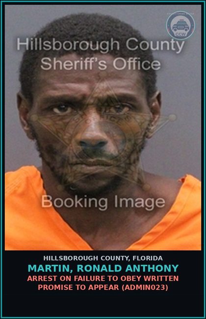 CCW arrest card for MARTIN, RONALD ANTHONY in Hillsborough County: ARREST ON FAILURE TO OBEY WRITTEN PROMISE TO APPEAR (ADMIN023)