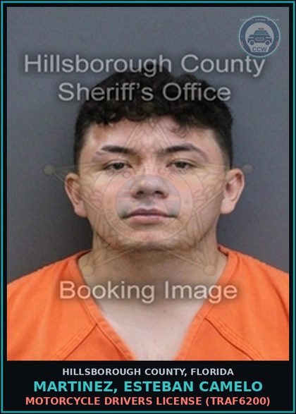 CCW arrest card for MARTINEZ, ESTEBAN CAMELO in Hillsborough County: MOTORCYCLE DRIVERS LICENSE (TRAF6200)